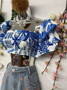 B077 Short Sleeve Floral Trumpet Fabric Elastic Chest - Xanh và trắng - Xem 5