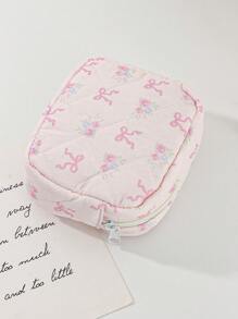 1Pc Pink Bow Knot And Floral Pattern Quilted Multifunctional Cosmetic Organizer Handbag Bath Shower Wallet Pouch Portable Cosmetics Brush Storage Clutch With Zipper Closure For Lipstick, Brush, Skincare, Mobile Phone, Coin, Small Items, For Home, Travel, Vacation And School Use,Makeup Bag Makeup Travel Essentials Travel Accessories Travel Must Haves