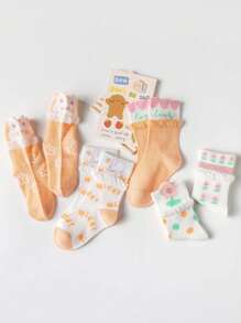 5 Pairs Girls Thin Mesh Socks With Floral Lace Trim, Sweet And Cute, Light Orange Color, Suitable For Back To School Wear - Multicolor - View 8
