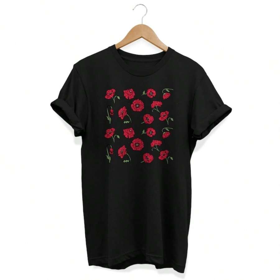 Poppy Red Flowers Aesthetic T-Shirt  Botanical Floral Graphic Tee  Minimalist Urban Streetwear