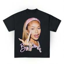 Big Latto Middle Finger Graphic T-Shirt Women Shirt - 黑色 - 查看 1