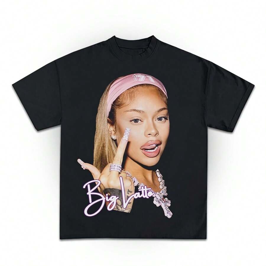 Big Latto Middle Finger Graphic T-Shirt Women Shirt - 黑色 - 查看 1