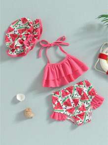 Traje de baño de bikini para niña, sin mangas, con cuello colgante, para playa, piscina, pantalones cortos, con sombrero - Rojo - Ver 3