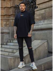 Oversized Turtleneck T-Shirt Colorful Rubber Streetwear Men's Unisex - màu đen - Xem 8