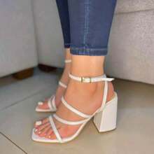 Zapatilla de tacón, tacones, sandalias de tacón, zapatilla de tacón grueso, Zapatilla abierta de tacón, Zapatilla abierta de tacón grueso, zapatilla para fiesta, Sandalias para fiesta, Zapatillas de tiras y tacon grueso para fiesta, Zapatos para fiesta - Blanco - Ver 2