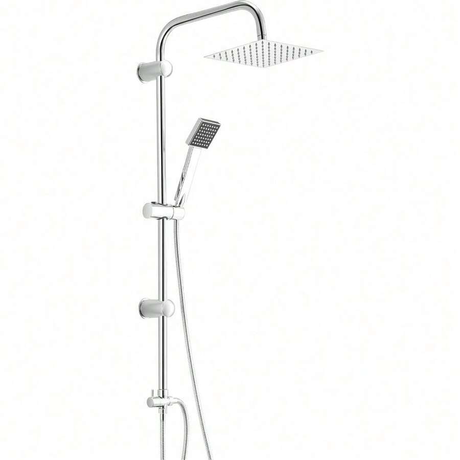 Shower Riser Kit Shower Mixer Twin Head Shower Set Bathroom Square Mixer With Handheld Shower And 8" Square Overhead Adjustable Rainfall Shower Taps And Hose Chrome Plated Kit (Square) Home Bathroom Decor Summer - Square - View 1