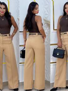 Wide Leg Tailored Dress Pants With Belt - Beige - View 2