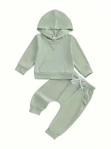 Baby Boy Fall Outfit Ribbed Long Sleeve Hoodie Sweatshirt And Elastic Pants 2 Piece Jogger Clothes For Toddler