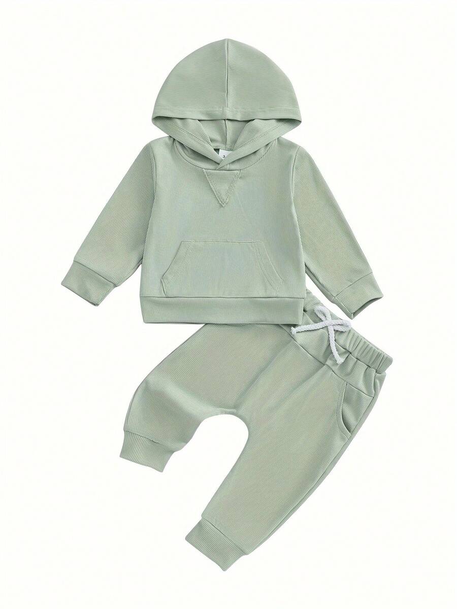 Baby Boy Fall Outfit Ribbed Long Sleeve Hoodie Sweatshirt And Elastic Pants 2 Piece Jogger Clothes For Toddler
