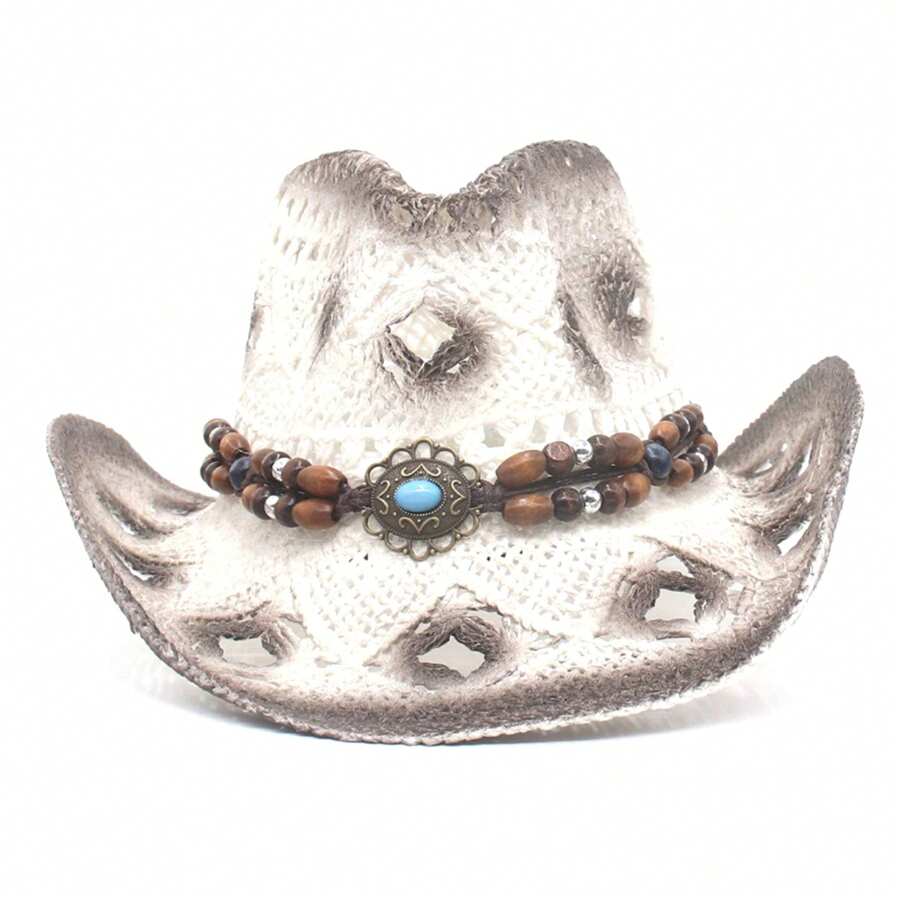 Cowboy Hat Creative Curled Straw Hollow Design Beads Chain Decoration Shade Straw Hat - White Coffee Color - View 1