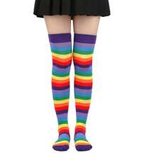 Women Thigh High Socks Rainbow Striped Lolita Kawaii Cosplay Christmas Boot Socks - Màu tím - Xem 4