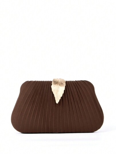 [Geantă de seară strălucitoare] Geantă de mână plisată din piele întoarsă maro ciocolatiu pentru femei, geantă în formă de cutie cu decor cu frunze metalice, geantă de umăr/crossbody mică, la modă, strălucitoare, pentru petrecere de seară, potrivită pentru nuntă, petrecere, ziua de naștere, bal de absolvire