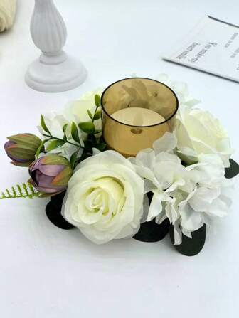 欧式仿真玫瑰烛台花环，圣诞花环装饰适用于窗户、餐厅、餐厅餐巾环，仿真玫瑰花环适用于派对、聚会、餐桌中心装饰（不含烛台）
