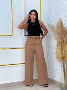 Wide Leg Tailored Dress Pants With Belt - Dark Beige - View 3