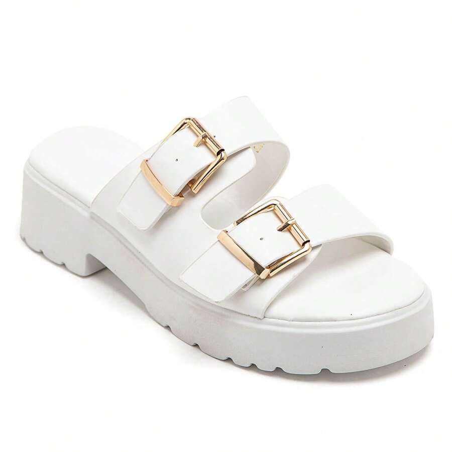 Chunky Sandals With Platform Sole And Double Buckle Straps - White - View 1