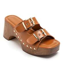 Thick-Soled Mules With Buckle And Rivet Details - Camel - View 1