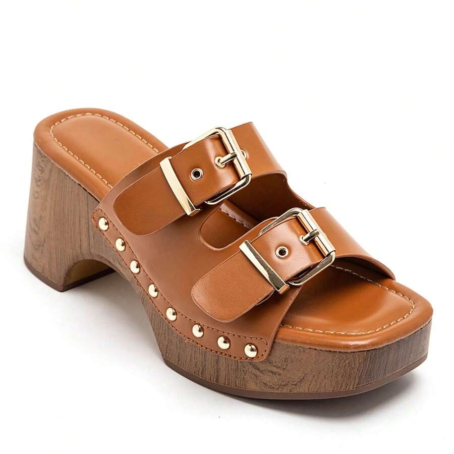 Thick-Soled Mules With Buckle And Rivet Details - Camel - View 1