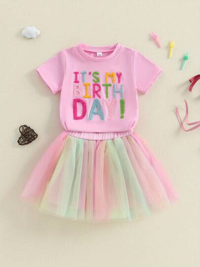 Toddler Girls Letter Embroidery Top  Tutu Skirt Set - Cute Birthday 2-Piece Outfit For Kids Special Occasions