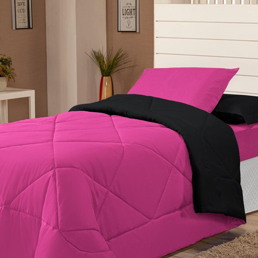 4 Piece Kit Double-Sided Single Duvet + 2 Piece Sheet Set - Pink/black - View 1