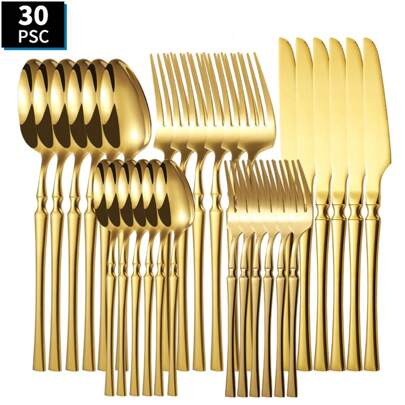 30-delars bestickset i rostfritt stål i guld, lämpligt för dagligt bruk i hemmet, skolmaterial