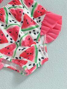 Traje de baño de bikini para niña, sin mangas, con cuello colgante, para playa, piscina, pantalones cortos, con sombrero - Rojo - Ver 7