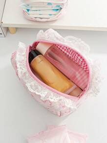 1Pc Pink Bow Knot And Floral Pattern Quilted Multifunctional Cosmetic Organizer Handbag Bath Shower Wallet Pouch Portable Cosmetics Brush Storage Clutch With Zipper Closure For Lipstick, Brush, Skincare, Mobile Phone, Coin, Small Items, For Home, Travel, Vacation And School Use,Makeup Bag Makeup Travel Essentials Travel Accessories Travel Must Haves
