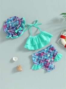 Toddler Baby Girl Swimsuit Two-Piece Bathing Suit Baby Girl Swimsuit Toddler Girls Bathing Suit Bikini Bottoms Two Piece Swimwear Suit With Hat - 綠色 - 查看 2