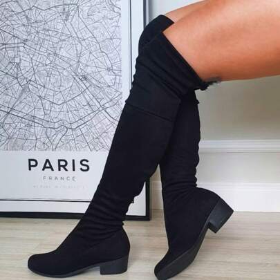 Bota de Camurça Strech Estilo Over the Knee Confortável sapatos feminina elegante Bota franzida cano alto botas feminina elegant