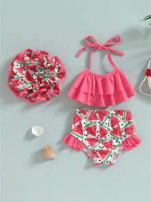 Traje de baño de bikini para niña, sin mangas, con cuello colgante, para playa, piscina, pantalones cortos, con sombrero - Rojo - Ver 2