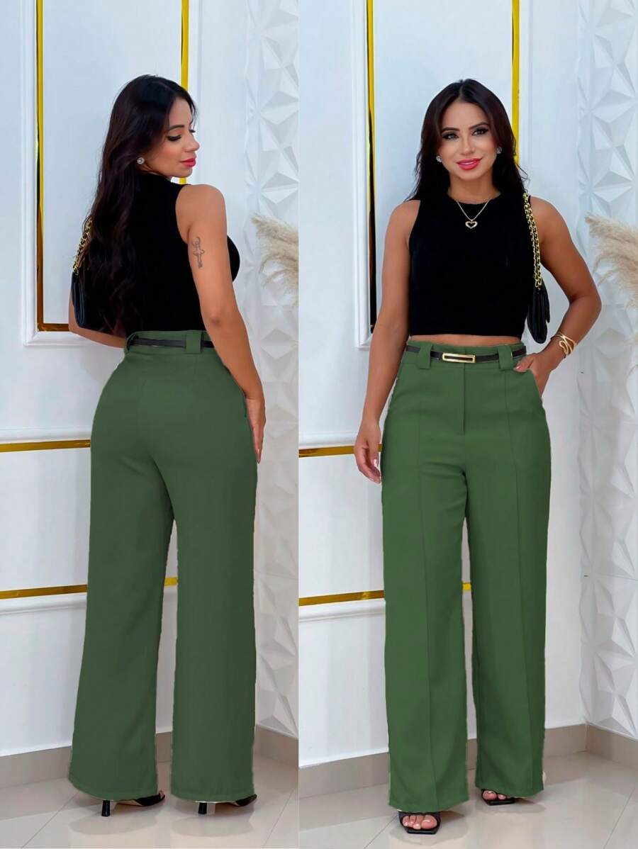 Wide Leg Tailored Dress Pants With Belt - Army Green - View 1