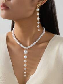 1 Set Fashionable & Elegant Personalized Pearl Necklace & Clip-On Earrings Jewelry Set, Suitable For Daily Wear, Travel, Holidays, Gift - White - View 13