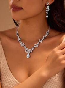 Bộ 3 chiếc/Bộ vòng cổ và hoa tai hình hoa bạc cho nữ, Quà tặng ngày lễ tình nhân, Bộ trang sức cưới/tiệc/cô dâu Valentine - Bạc - Xem 1