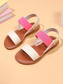 A Pair Of Brown Large Size Baby Girl Brazilian Sandals With Red And Brown PU Color Matching Straps And Love Elastic Foot Design With Round Toe Peep-Toe Open Toe Non-Slip Comfortable Cute Flat Sandals Suitable For 3-15 Years Old Boys And Girls Daily Leisure Party New Spring And Summer - Beige - View 3