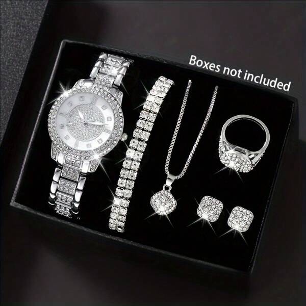 7 pièces Ensemble de montres en quartz élégantes avec accessoires de bijoux - Montre ronde pour femmes, collier serti de strass, boucles d'oreilles, bague, bracelet (sans boîte)