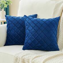 1pc Solid Color Velvet Diamond Pleated Decorative Pillowcase In Navy Blue