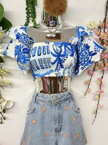 B077 Short Sleeve Floral Trumpet Fabric Elastic Chest - Xanh và trắng - Xem 1