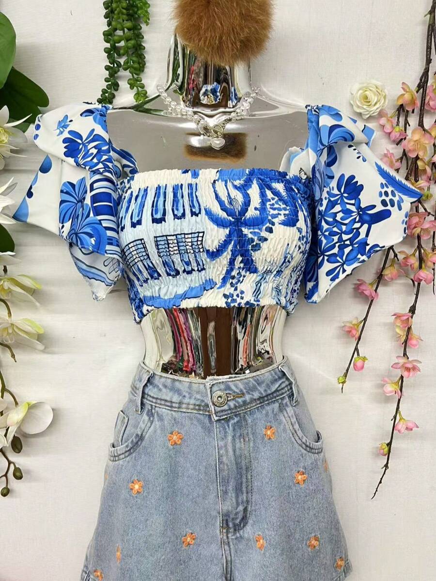 B077 Short Sleeve Floral Trumpet Fabric Elastic Chest - Xanh và trắng - Xem 1