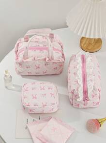 1Pc Pink Bow Knot And Floral Pattern Quilted Multifunctional Cosmetic Organizer Handbag Bath Shower Wallet Pouch Portable Cosmetics Brush Storage Clutch With Zipper Closure For Lipstick, Brush, Skincare, Mobile Phone, Coin, Small Items, For Home, Travel, Vacation And School Use,Makeup Bag Makeup Travel Essentials Travel Accessories Travel Must Haves