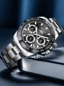 GUANQIN 1 szt. Wodoodporny zegarek ze świecącym chronografem i tarczą kalendarza, odporny na zużycie, pasek ze stali nierdzewnej, modny, biznesowy, luksusowy, wojskowy, klasyczny, swobodny, mechaniczny, męski, automatyczny, kwarcowy, odpowiedni na festiwale, randki, biznes, prezenty