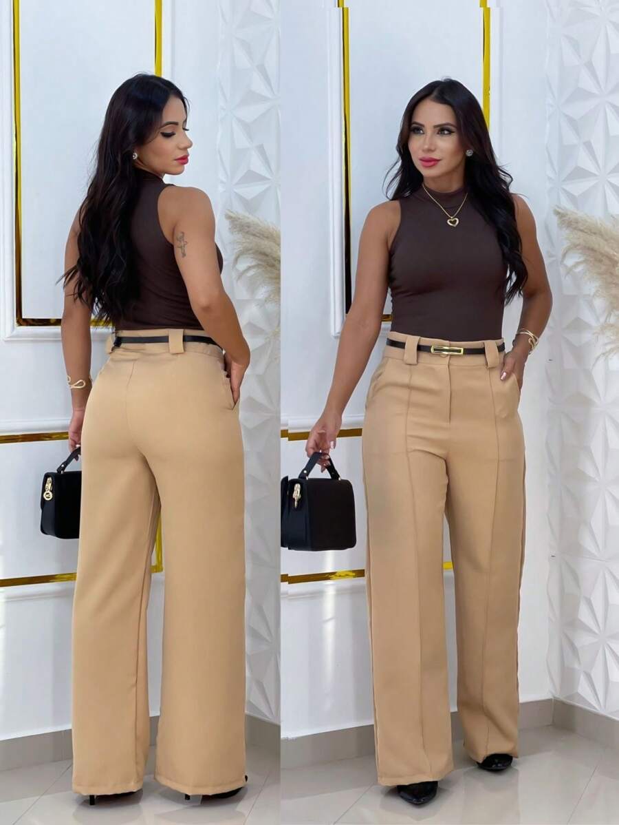 Wide Leg Tailored Dress Pants With Belt - Beige - View 1