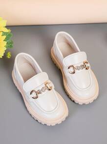 1 Pair Plus Size Girls' Ivory Soft Leather Shiny Rhinestone Butterfly Metal Buckle Decor Round Toe Flat Non-Slip Fashion Cute Princess Loafers, Suitable For 3-15 Years Old Female Students Daily Casual Party Holiday Wear, Spring/Autumn 2025 New (This Shoe Runs Large, Please Order One Size Down) - Beige - View 3