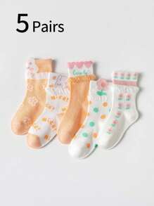 5 Pairs Girls Thin Mesh Socks With Floral Lace Trim, Sweet And Cute, Light Orange Color, Suitable For Back To School Wear - Multicolor - View 11