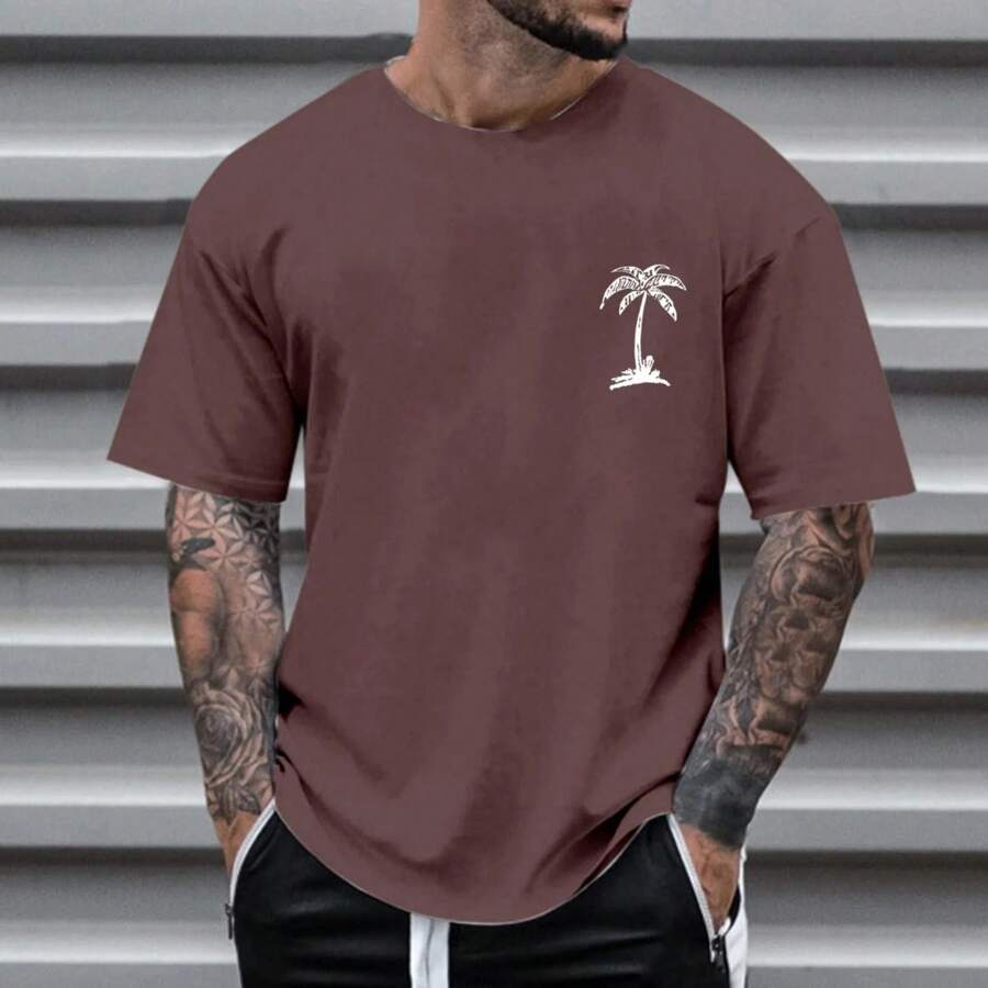 Men's Oversized Coconut Tree T-Shirt 100% Cotton From S To Plus Size G3 - Rust Brown - View 1