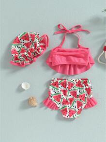 Traje de baño de bikini para niña, sin mangas, con cuello colgante, para playa, piscina, pantalones cortos, con sombrero - Rojo - Ver 4