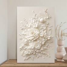 3D White Floral Canvas Print,  Elegant Flower Wall Art,  Textured Bouquet Decor,  Luxury Home Decoration,  Minimalist Artwork,High Quality, For New Year, Valentine's Day, Living Room, Bathroom, Bedroom, Kitchen, Framed Art - Framed - View 2