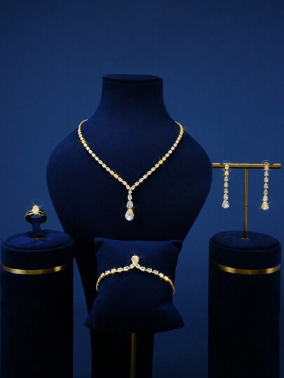 Set di gioielli composto da 5 pezzi, con ciondolo a goccia, zirconi cubici, comprendente collana, orecchini, anello e bracciale, adatto per matrimoni, festival e feste delle donne