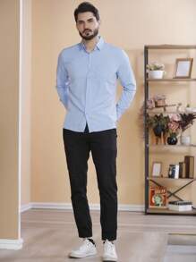 Men's Long Sleeve Plain Dress Shirt With Pocket 2025 - Baby Blue - View 2