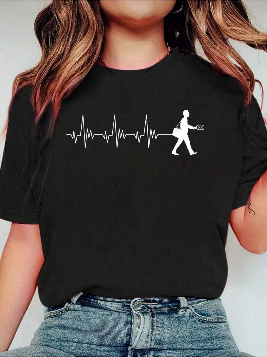 Camiseta de manga corta con estampado de línea de ritmo cardíaco, estilo rural de cartero, camisa casual de moda de cuello redondo, estilo deportivo, ropa informal/callejera para mujer