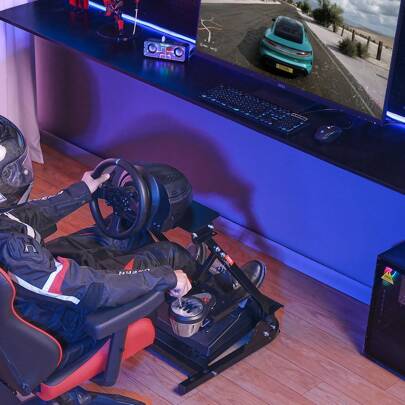 Racing Wheel Stand Foldable With Wheels For Logi Tech G923/G920/G29, Heavy Duty Steel Driving Simulator Cockpit-Thrust Master T248P, Fanatec, Hori, Compact, Steering Wheel Bracket & Foot Pedal Adjustable, Movable Wheels Heavy-Duty Frame Standard GT/Formula SeatingMax Load 330 LBS