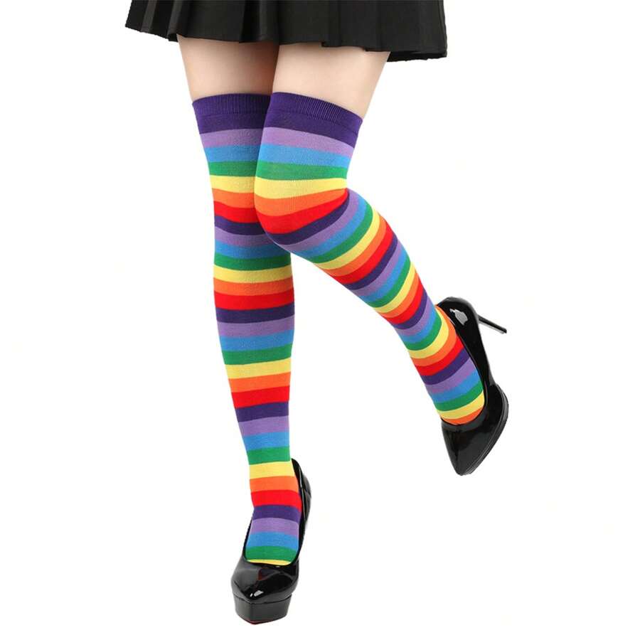 Women Thigh High Socks Rainbow Striped Lolita Kawaii Cosplay Christmas Boot Socks - Màu tím - Xem 1